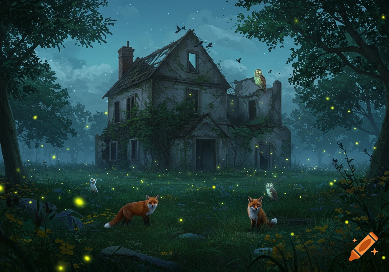 A twilight fantasy illustration of an overgrown, dilapidated house in a forest with foxes, an owl, a mouse, and glowing fireflies.