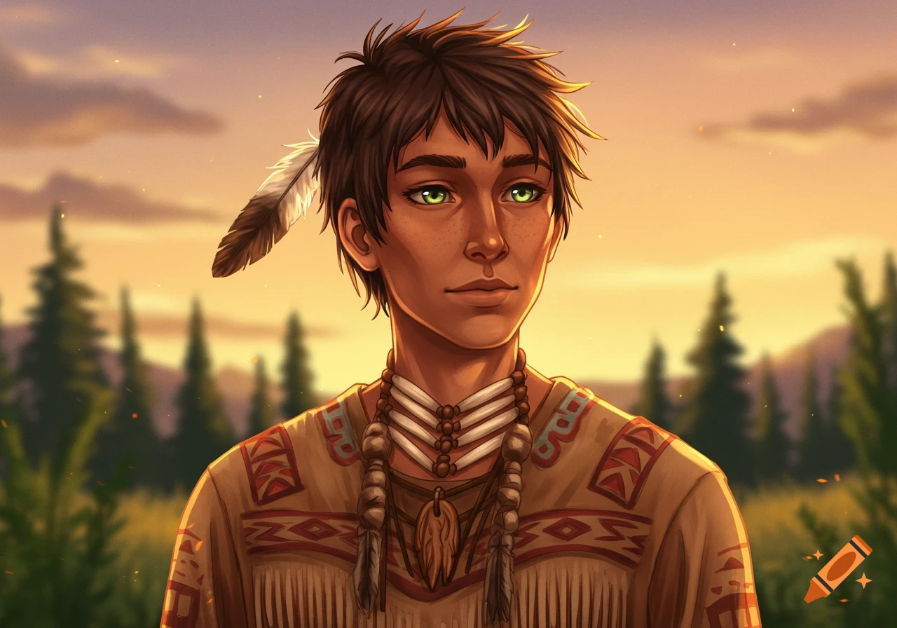 Digital art portrait of a young person with green eyes and a feather in their unkempt hair, wearing traditional Cheyenne/Cherokee clothing at sunset.