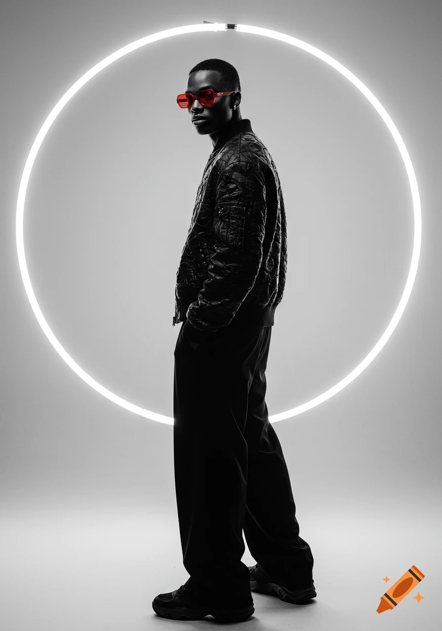 Black-and-white futuristic fashion portrait of a man in red sunglasses, black streetwear, and a glowing neon circle background.