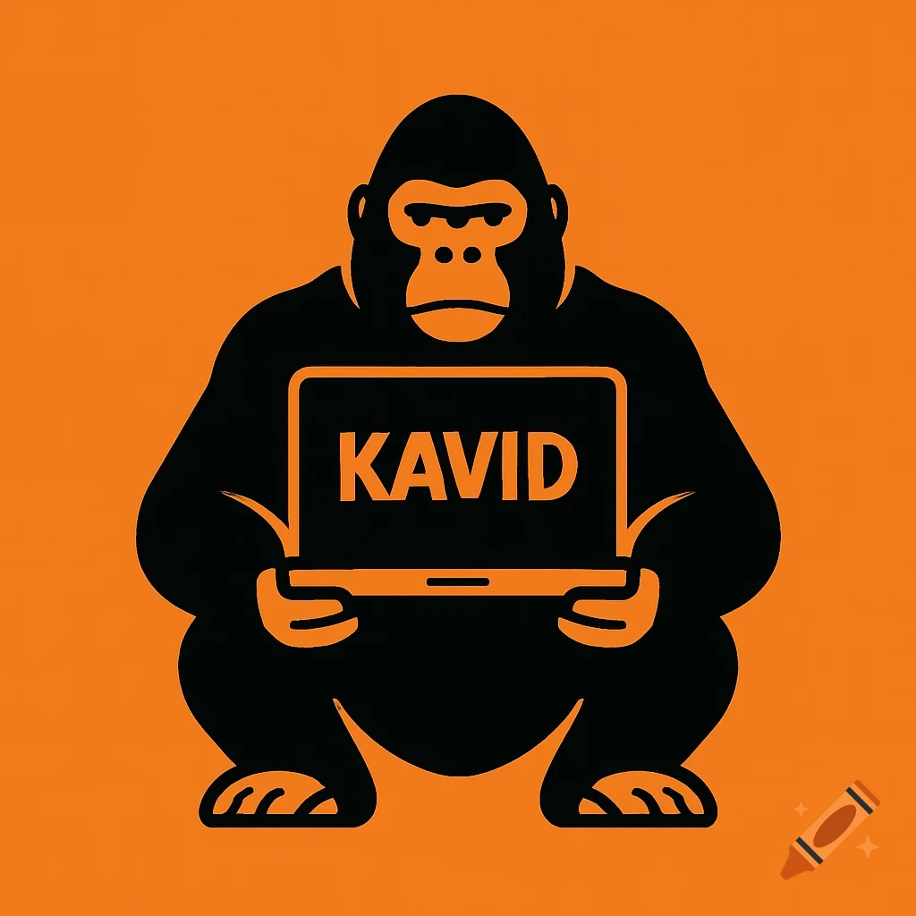 Flat vector logo of a black gorilla holding a laptop with the word KAVID on the screen, on an orange background.