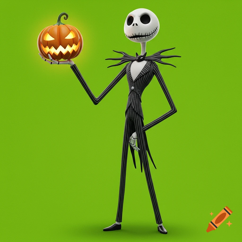A 3D render of Jack Skellington smiling, holding a glowing jack-o'-lantern on a lime green background.