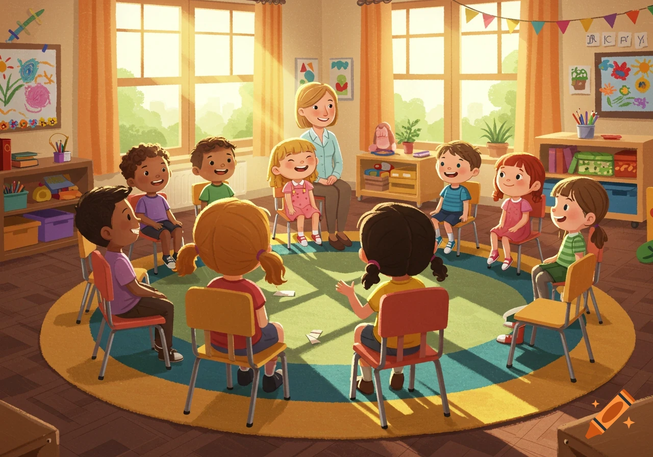 A cartoon illustration of a kindergarten classroom with a female teacher and several children sitting in a circle on a rug, with sunlight streaming through windows.