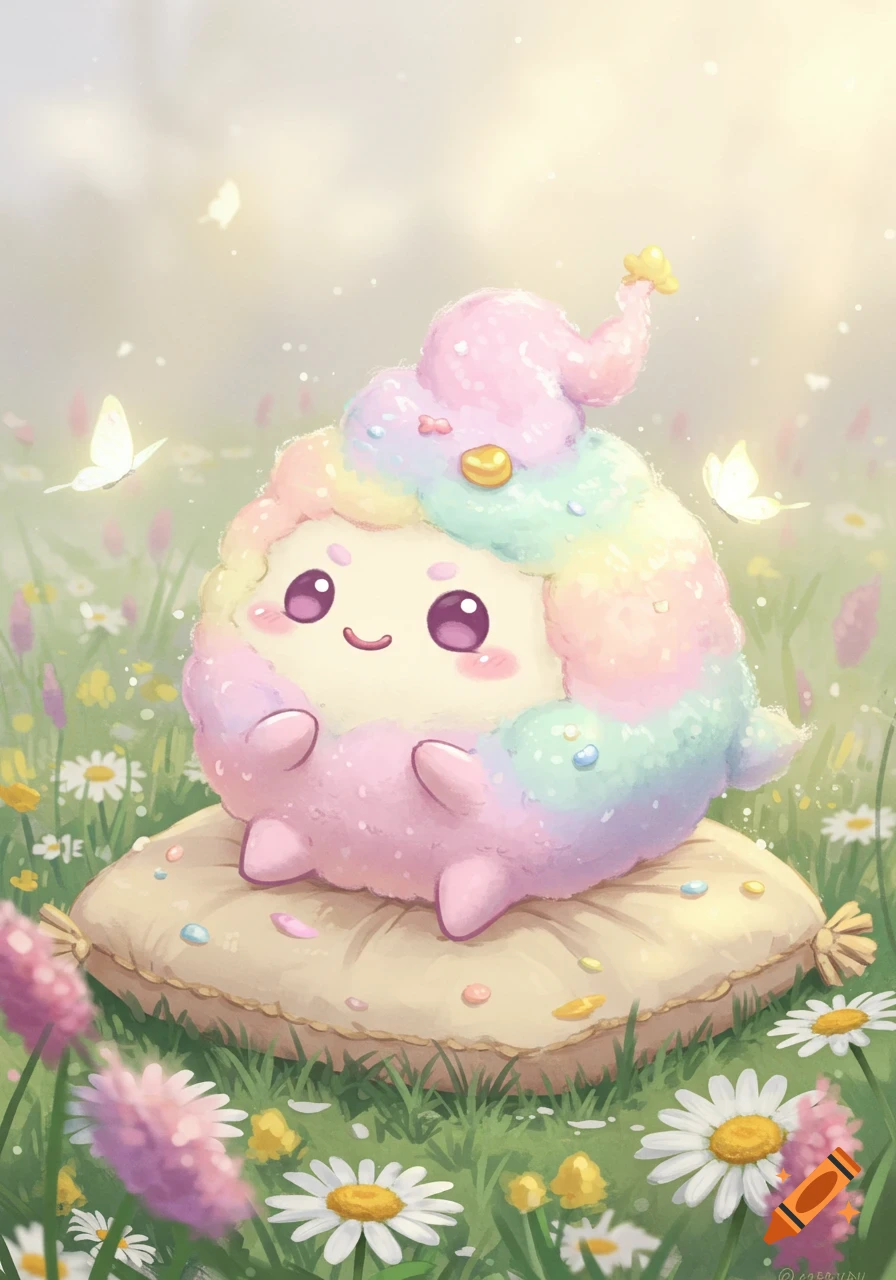 A cute, smiling pastel rainbow creature on a cushion in a field of pink and white flowers with glowing butterflies. Whimsical illustration.