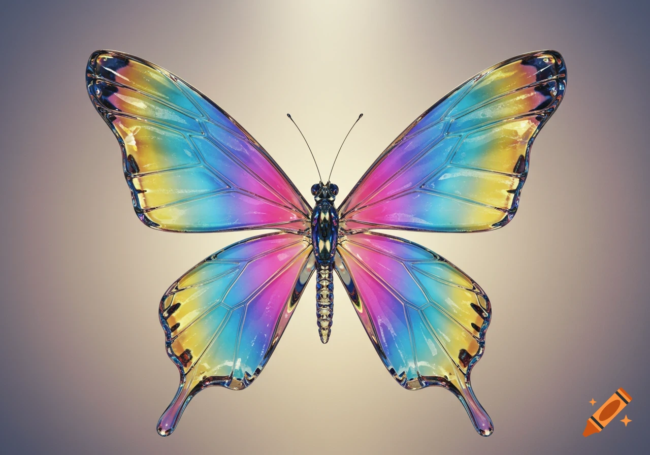 A vibrant, multicolored glass butterfly with its wings spread wide against a subtle gradient background.