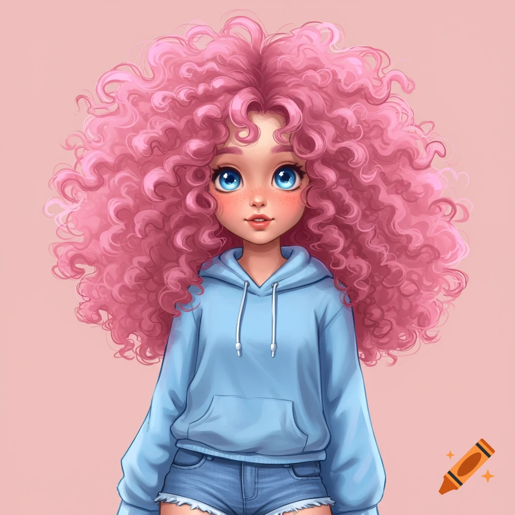A cute anime girl with long curly pink hair and blue eyes, wearing a light blue hoodie and jean shorts, against a solid light pink background.
