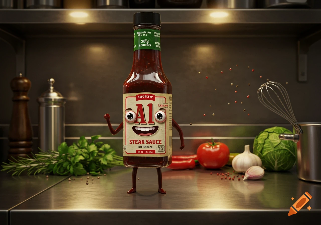 A personified A1 steak sauce bottle with a smiling face and small legs stands on a kitchen counter, surrounded by fresh ingredients like garlic, tomato, cabbage, and herbs. The scene is lit warmly, with peppercorns floating in the background.