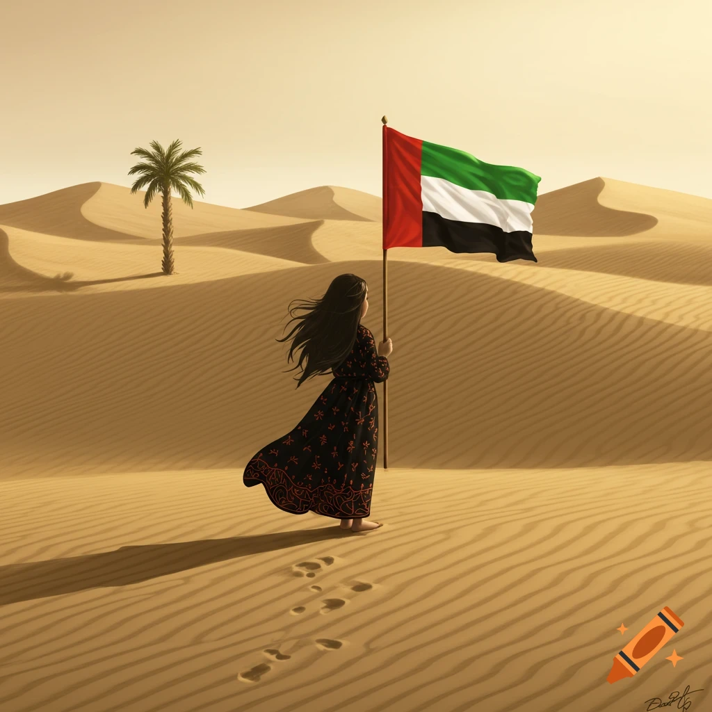 A girl in a dark dress holds the UAE flag while walking through a desert with sand dunes and a palm tree.