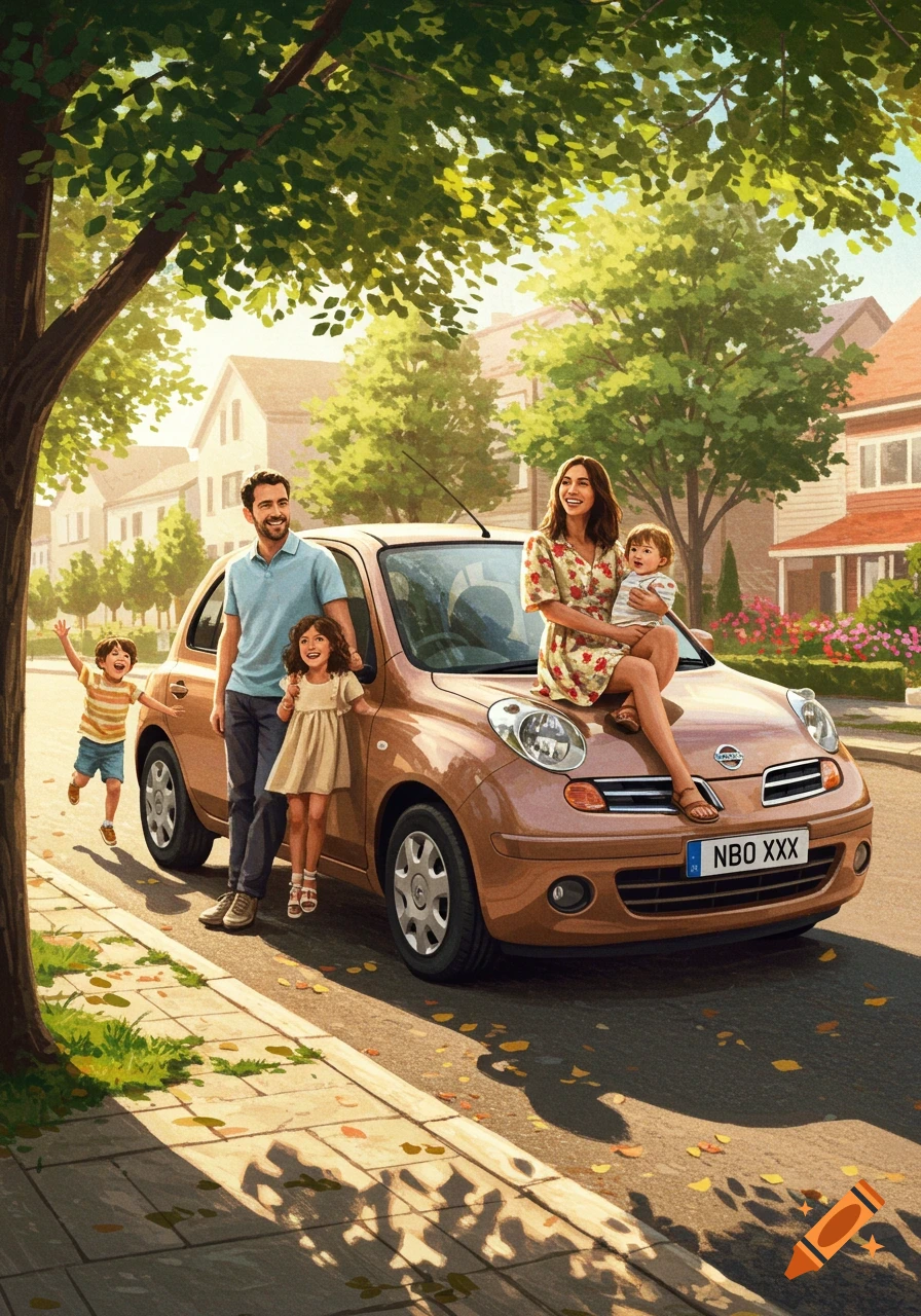 An illustration of a family of five (two adults, three children) standing by a brown Nissan car on a sunny suburban street.