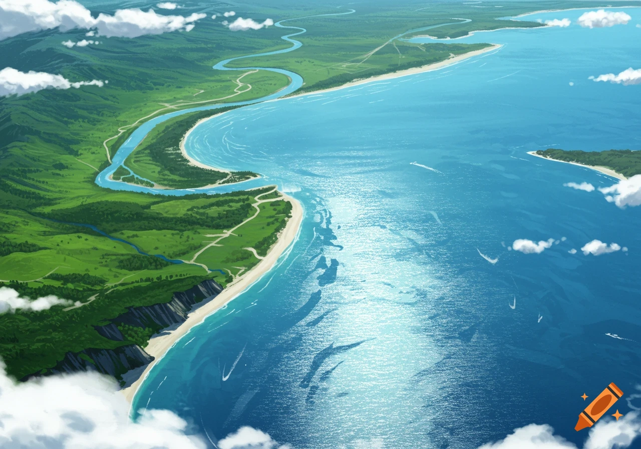 Animated aerial view of a winding river flowing through a lush green landscape to a sandy coastline and vast blue ocean.
