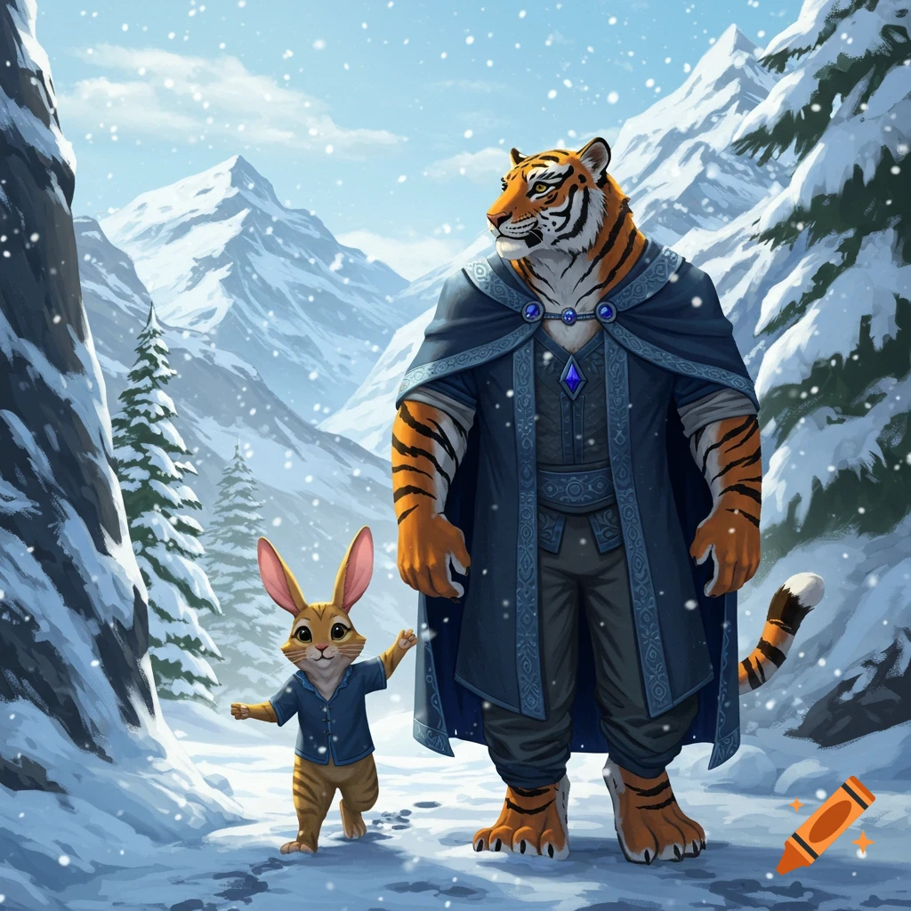 A large tiger humanoid in a blue cape walks alongside a small rabbit-like creature in a snowy mountain landscape, with snow falling.