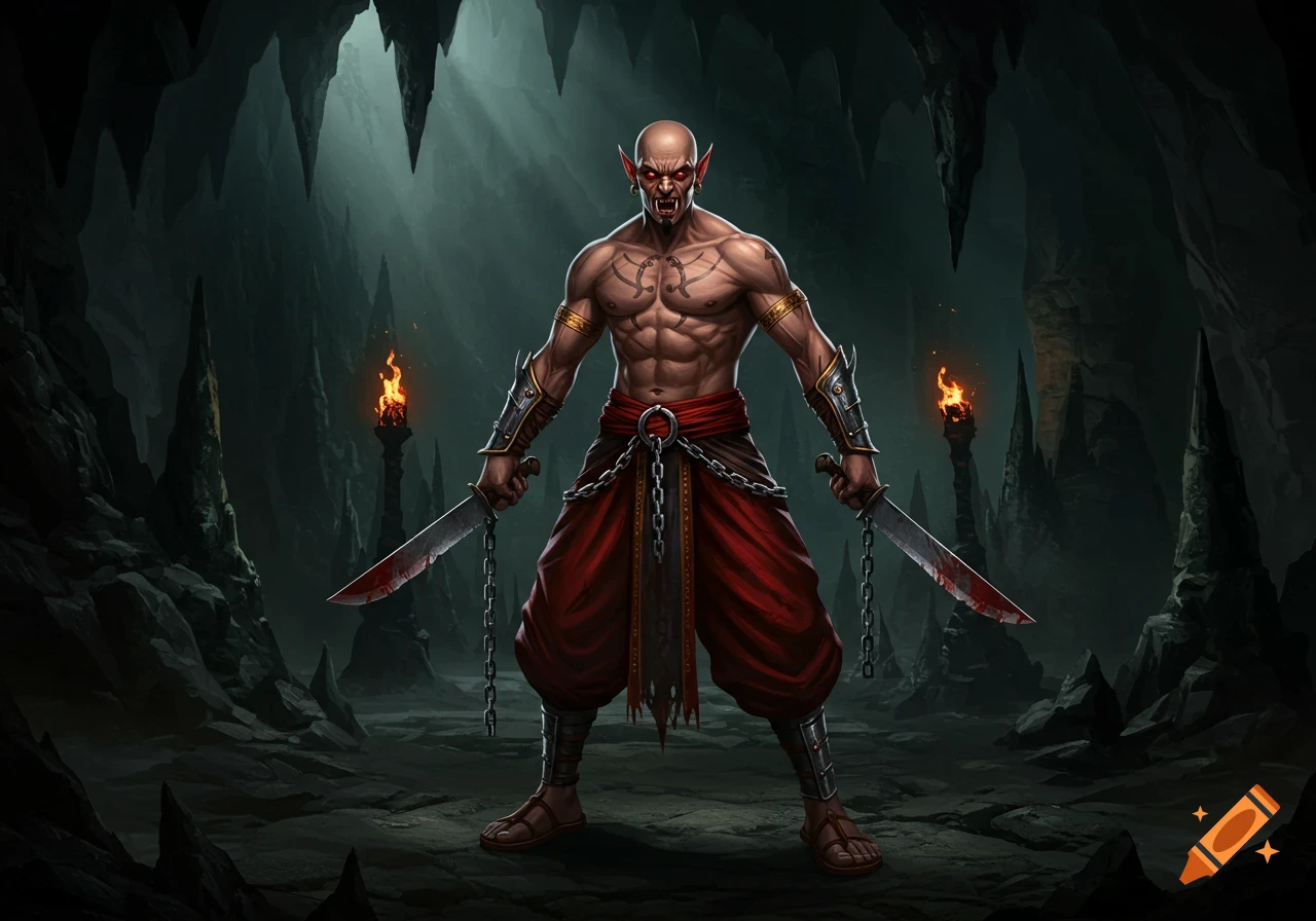 A bald, muscular, fanged, red-eyed creature in red pants holds two bloody, chained knives in a dark, torch-lit cave, in a stylized gaming art style.