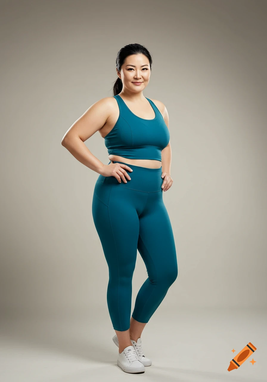 Full-body portrait of an East Asian woman in a teal sports bra and matching leggings, standing confidently in a studio.