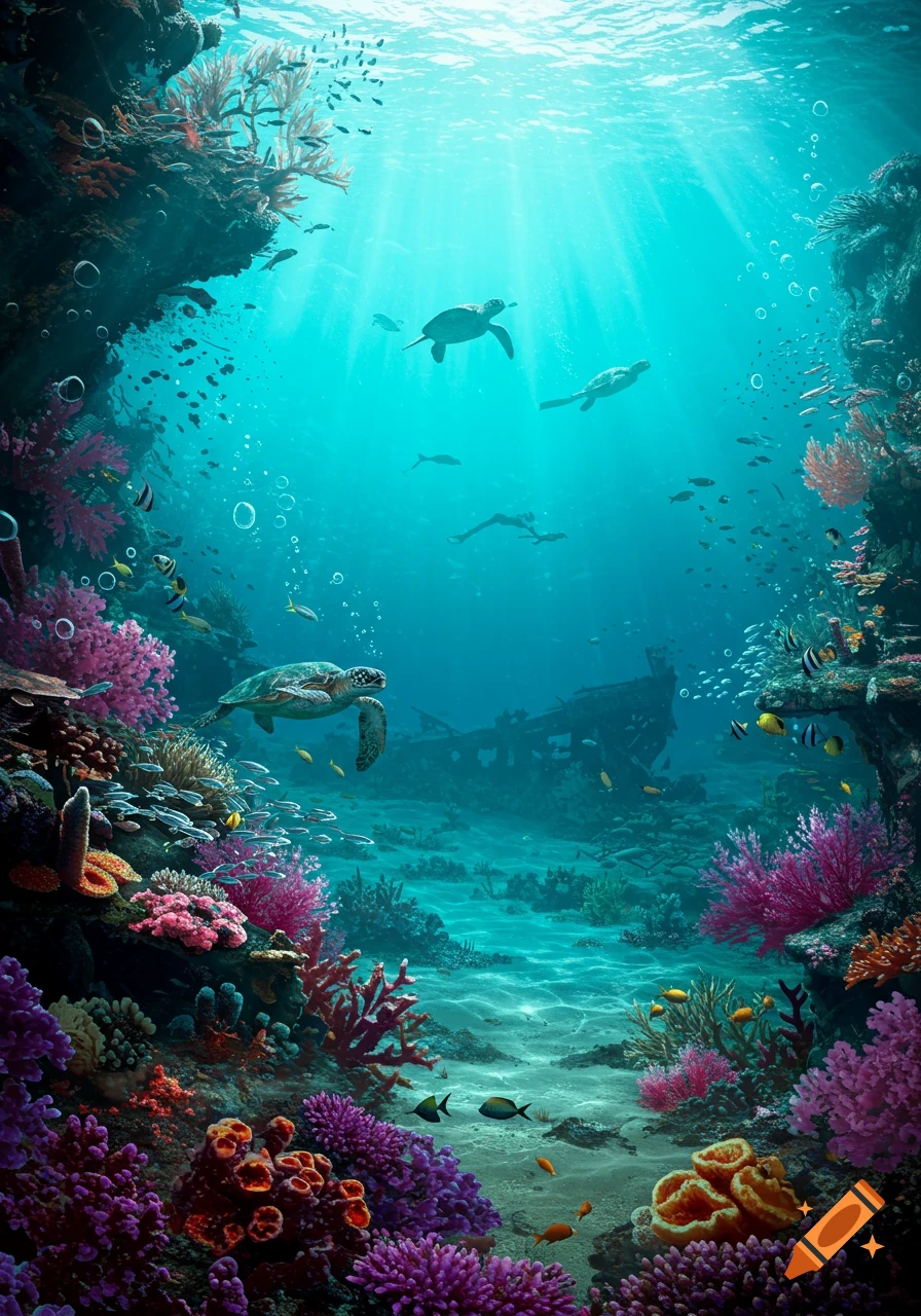 A vibrant underwater coral reef with swimming sea turtles, colorful fish, and a distant shipwreck under sunlit turquoise water.