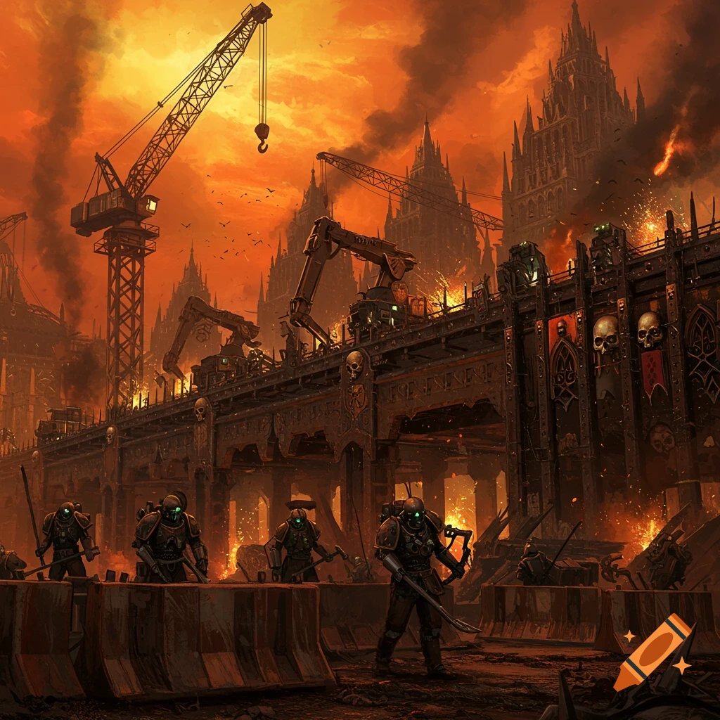 Grimdark Warhammer 40k construction site with armored soldiers, gothic buildings, cranes, and an orange, smoky sky.