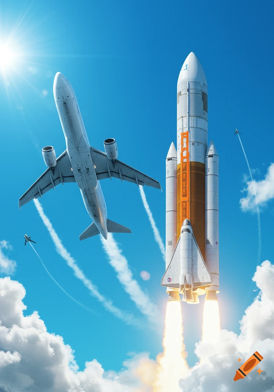 A white passenger airplane flies past a large white rocket launching with fiery exhaust, against a bright blue sky with clouds and contrails.