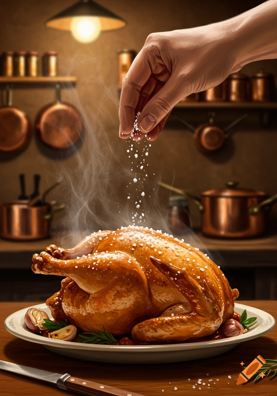 A hand sprinkles salt over a steaming roasted chicken on a white plate with garlic and rosemary in a rustic kitchen.