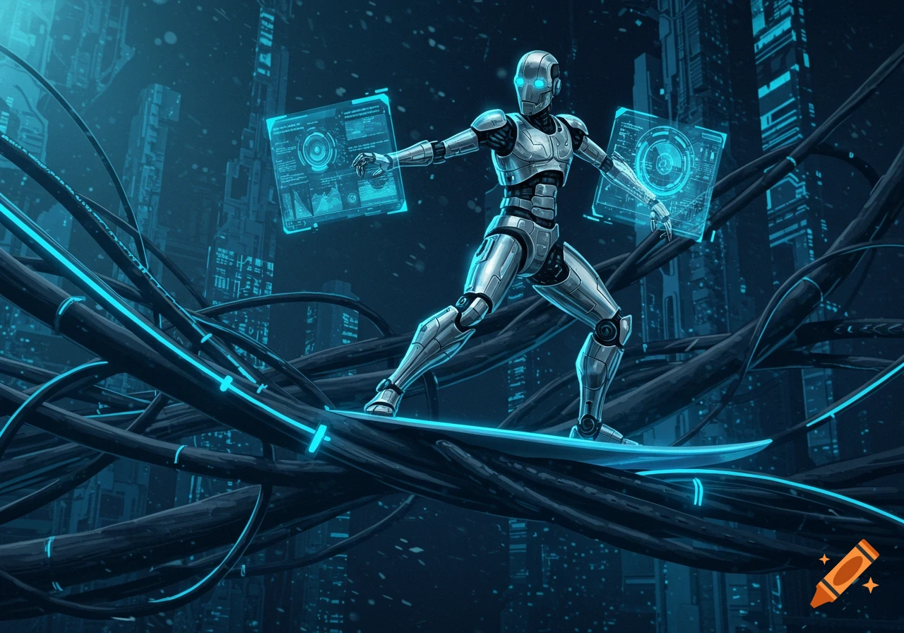 A metallic robot surfs on glowing cables through a futuristic city, holding two holographic screens with data displays.