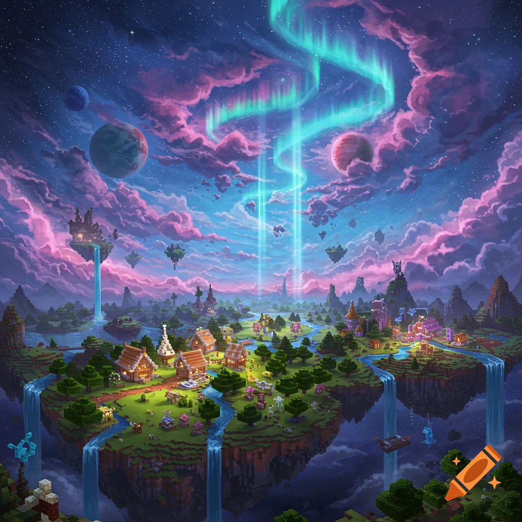 A vibrant Minecraft-style fantasy world with floating islands, villages, rivers, and a cosmic sky featuring pink clouds, planets, and a glowing aurora.