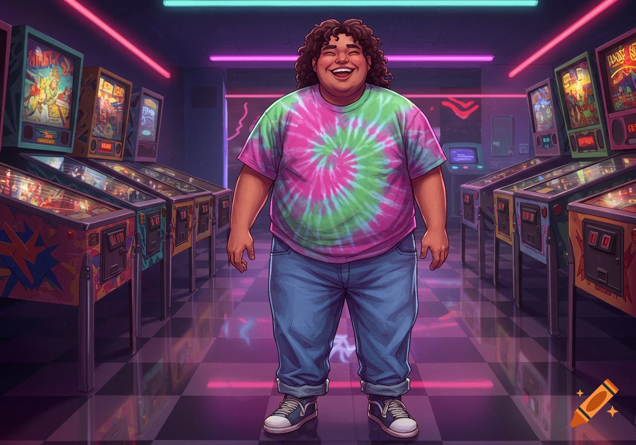 A smiling young person with curly hair and a tie-dye shirt stands in a neon-lit arcade with pinball machines.