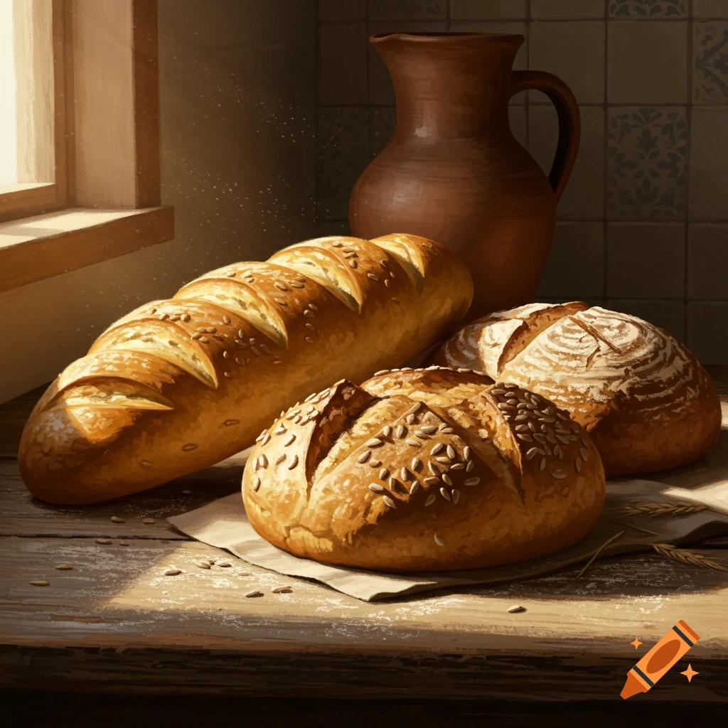 Three loaves of bread (one long, two round) on a wooden table with a pitcher, bathed in light from a window, still life.