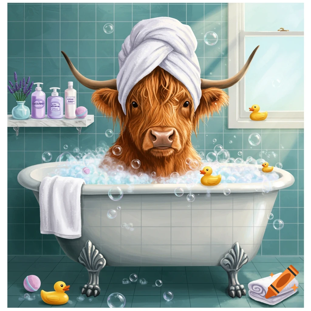 A fluffy Highland cow with a white towel on its head takes a bubble bath with rubber ducks, in a whimsical illustration style.
