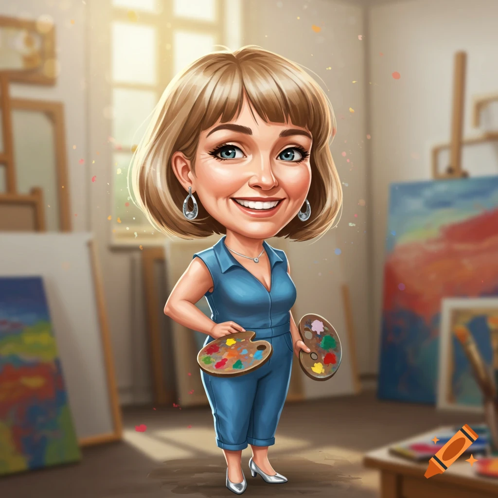 A cheerful cartoon woman with a bob haircut, blue jumpsuit, and silver shoes stands in an art studio, holding two artist's palettes.