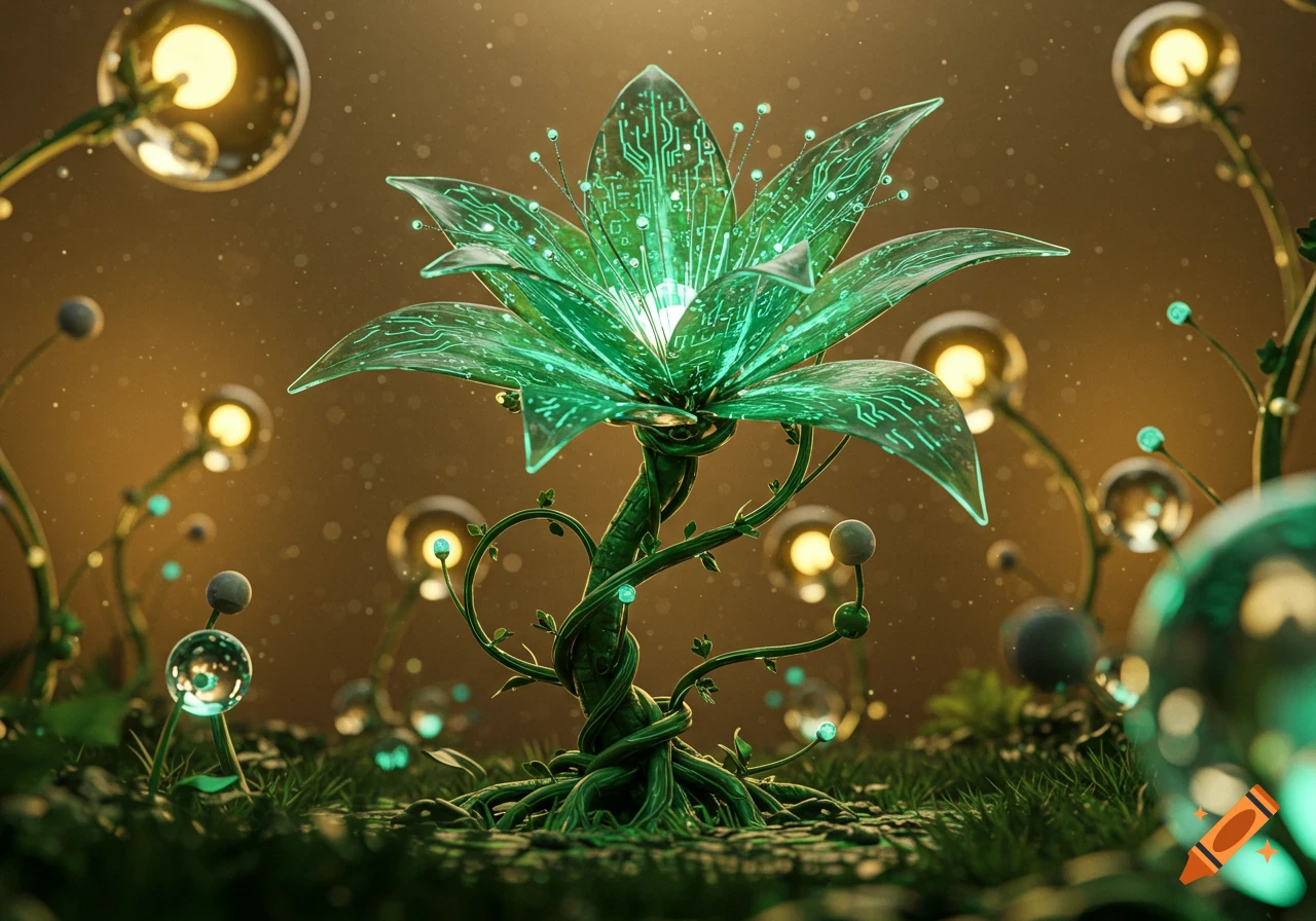 A vibrant, glowing green biomechanical lotus-like plant with circuit board patterns on its petals, set in a mystical futuristic garden with glowing orb-plants.