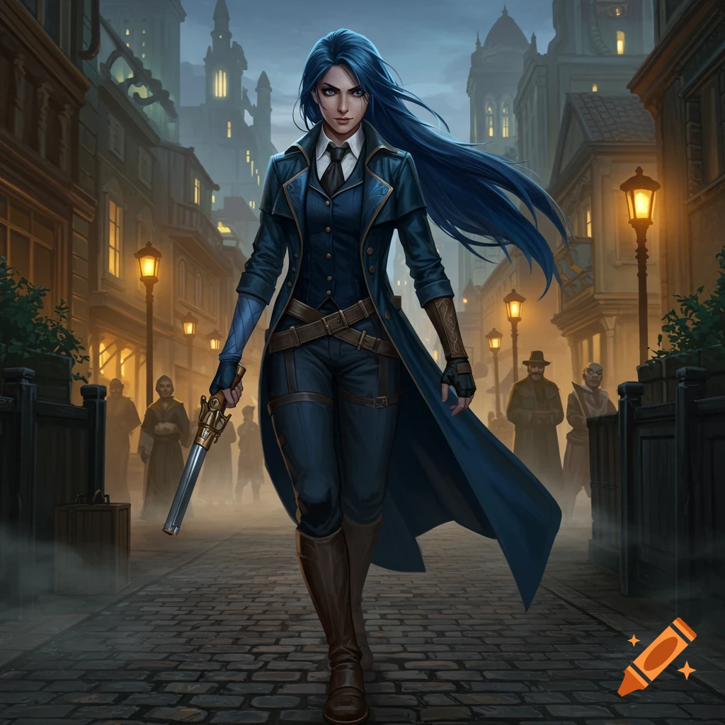 A blue-haired woman in a blue trench coat and suit, holding a rifle, walks down a gas-lit cobblestone street at night, in a character art style.