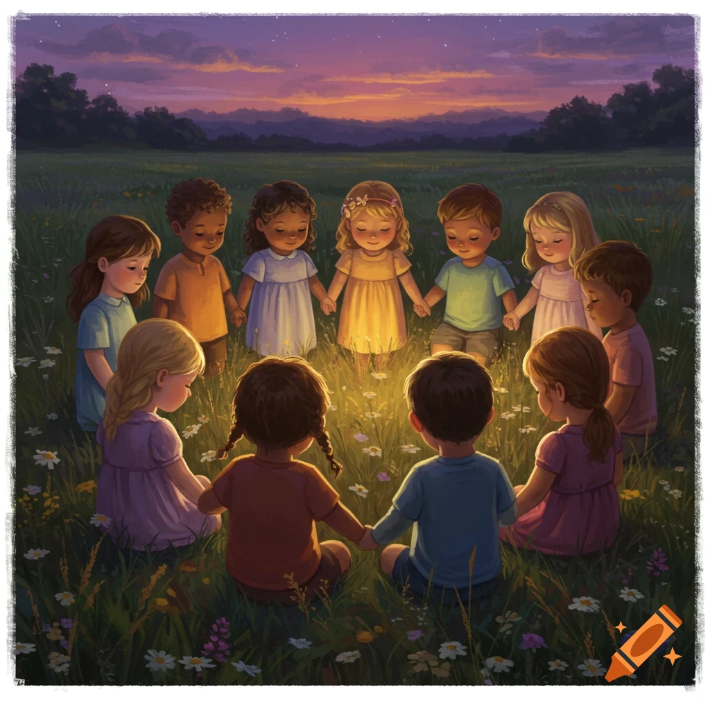 Illustrated group of diverse children holding hands in a circle around a glowing light in a grassy field at sunset.