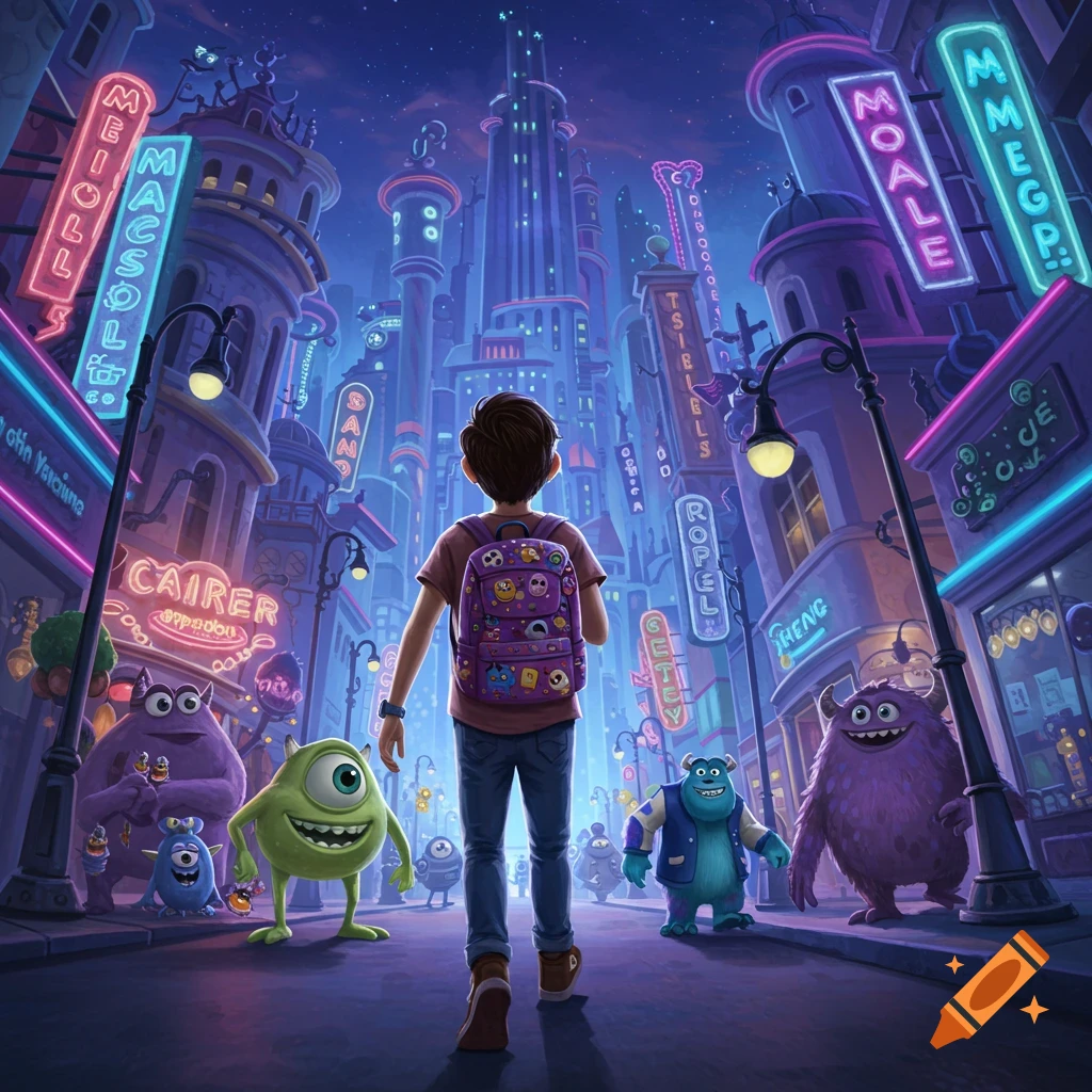 Boy with monster backpack walks through a neon-lit futuristic city at night, surrounded by Mike, Sulley, and other colorful monsters.