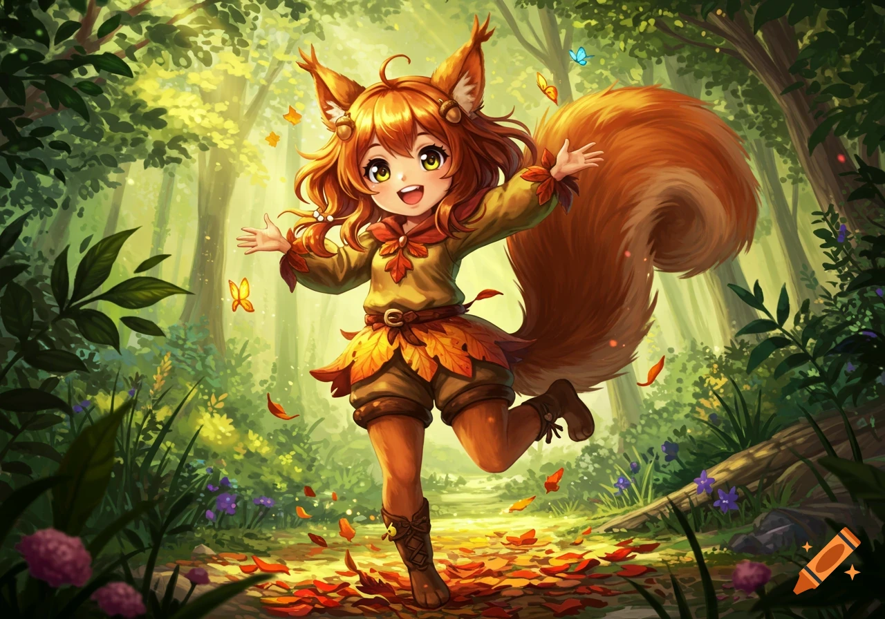 A cheerful anime squirrel girl with a large bushy tail and leaf attire runs happily through a sun-dappled autumn forest with butterflies.