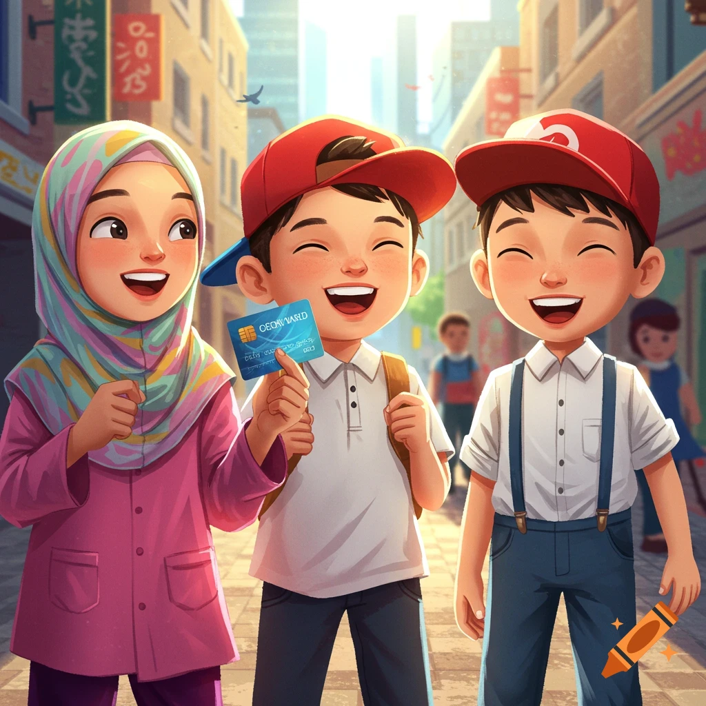 Three happy cartoon children, a girl in a hijab and two boys, stand on a sunny city street; one boy holds a blue credit card.