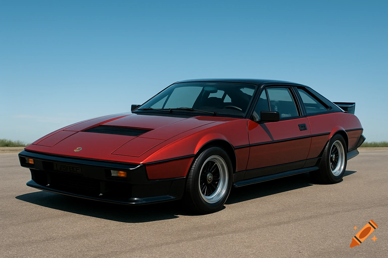 A photorealistic image of a red Lotus Eclat sports car with black trim and a black roof, parked on asphalt under a clear blue sky.