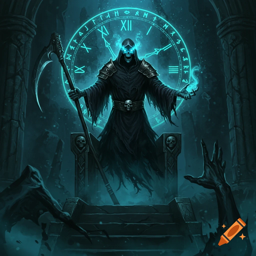 A dark fantasy illustration of a glowing blue-eyed Grim Reaper figure holding a scythe, floating before a mystical clock face in a gloomy ruin, with skeletal hands reaching up.