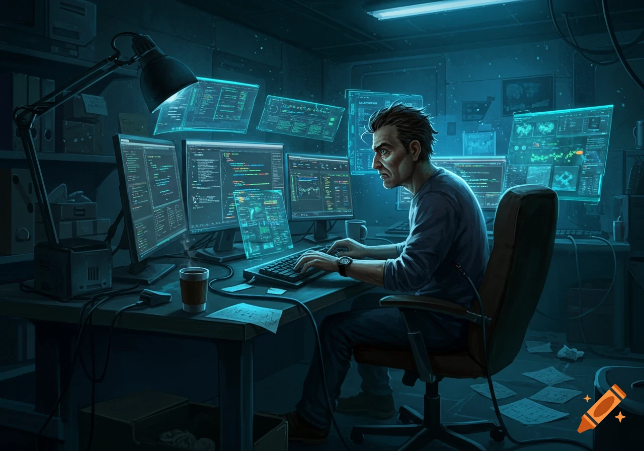 A stressed man intensely works on multiple computer screens in a dark, futuristic office.