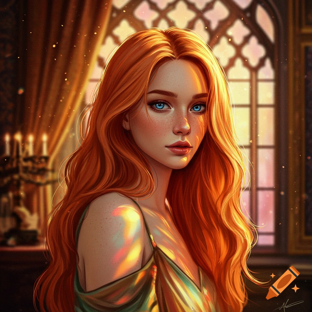 A portrait of a red-haired woman with striking blue eyes, illuminated by warm golden light from a gothic window, in a digital art style.
