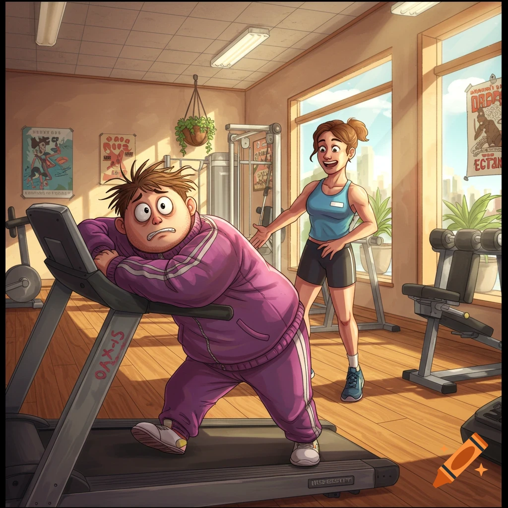 A cartoon illustration of an overweight man struggling on a treadmill while a fit woman encourages him in a gym.