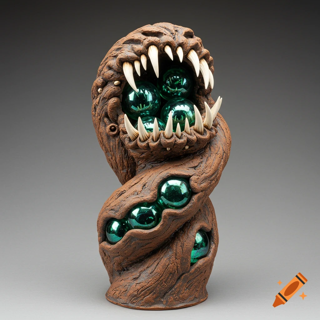 A biomorphic brown ceramic sculpture with sharp teeth and glowing green metallic orbs on a gray background.