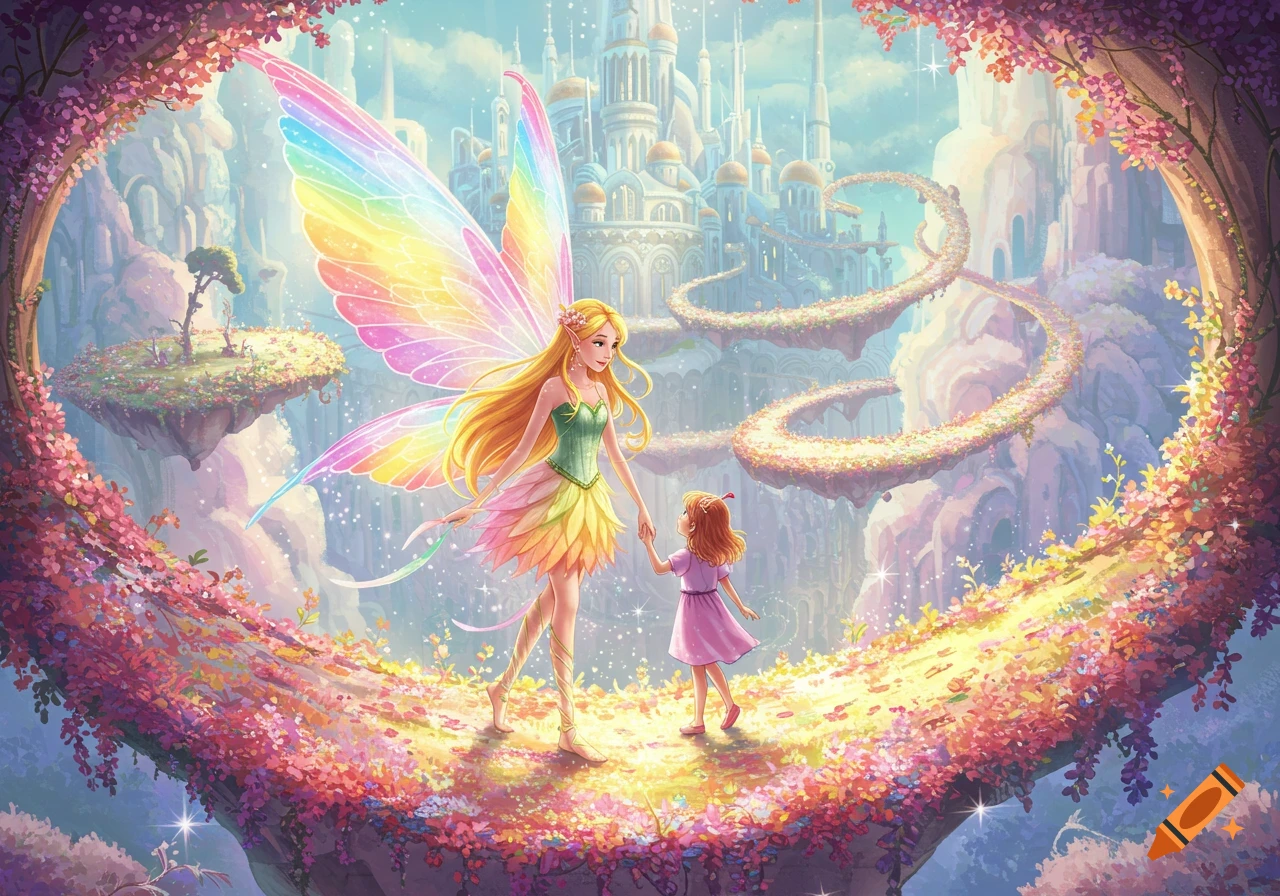 An anime-style rainbow fairy holds a little girl's hand in a magical fairy city with glowing towers, bridges, and flowers.
