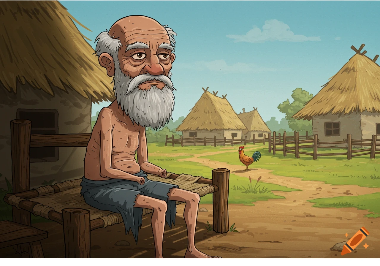Cartoon old man with a white beard and missing hands sits on a wooden cot in a rural village with thatched huts and a rooster.