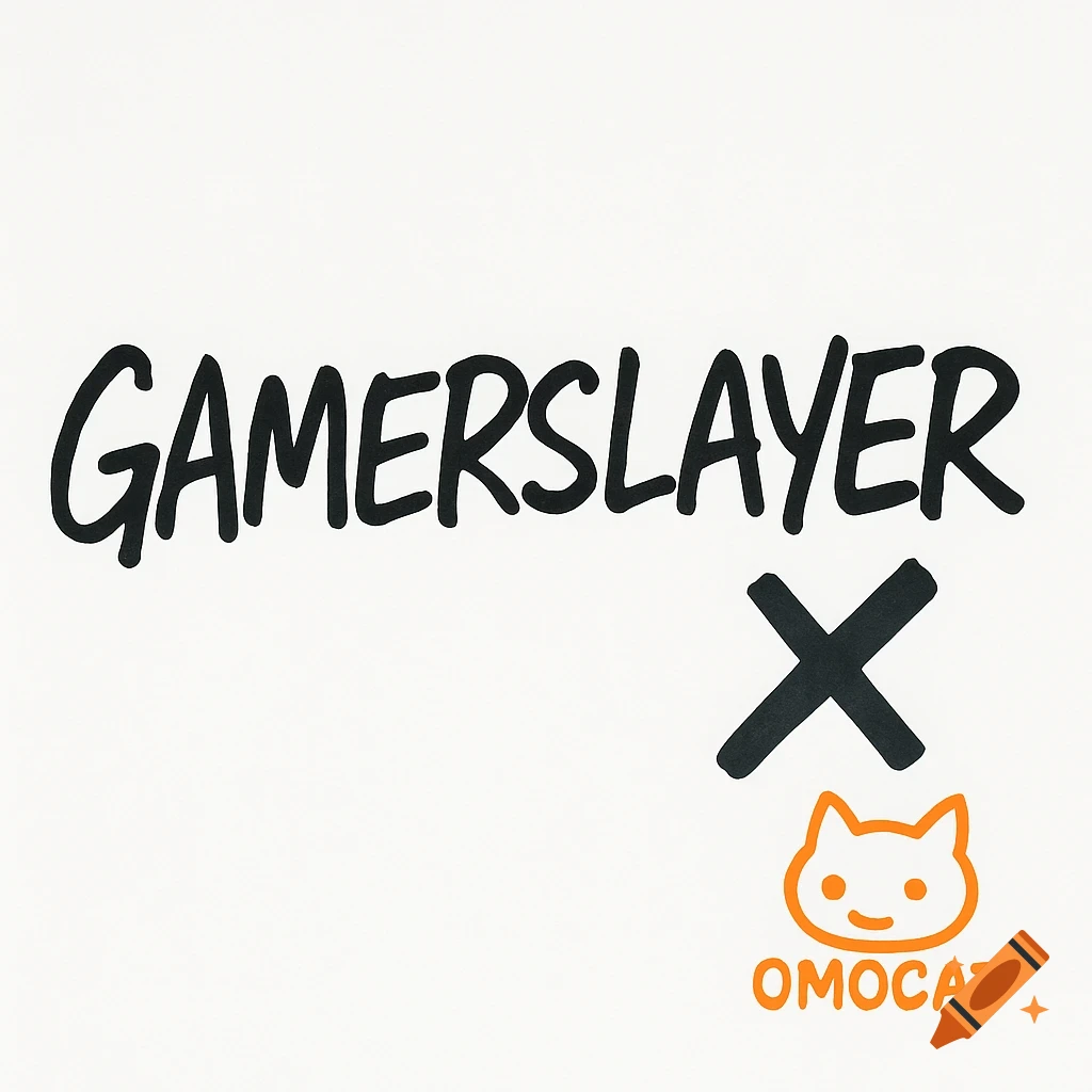 Black handwritten text 'GAMERSLAYER' and 'X' with an orange OMOCAT logo and 'OMOCAT' text on a white background.