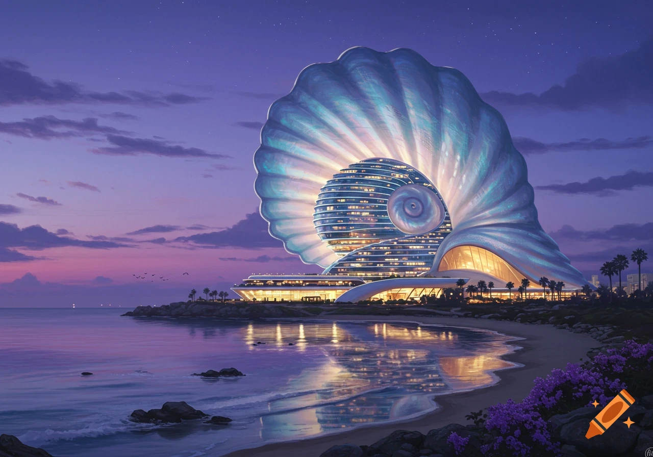 A fantastical seashell-shaped building illuminates a serene beach at sunset with a purple sky.
