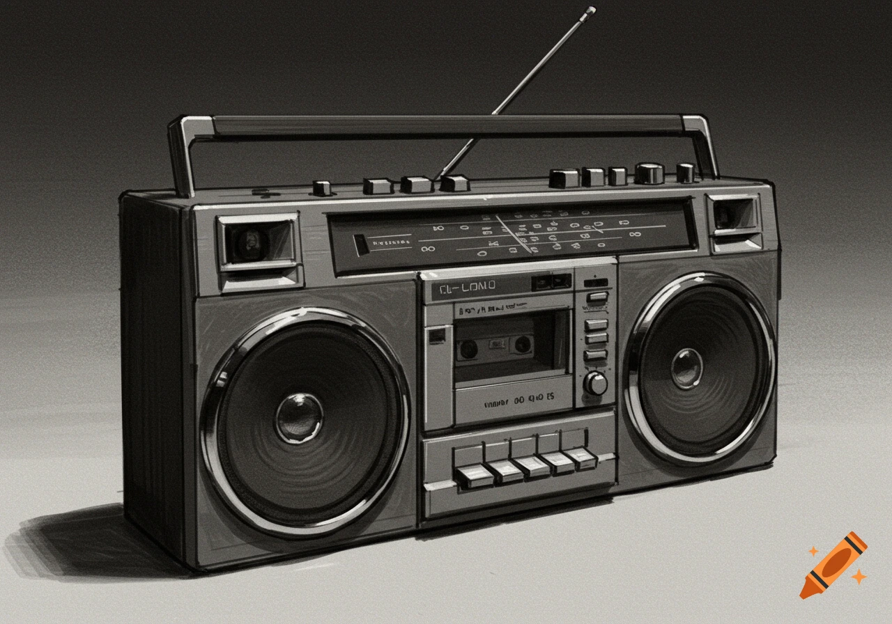 A monochromatic charcoal drawing of a vintage boombox with an extended antenna against a dark background.