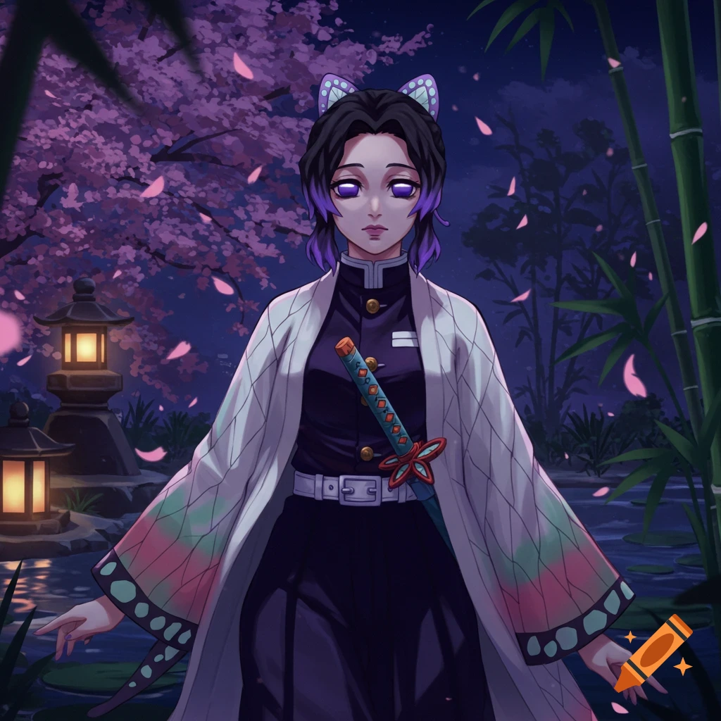 Anime character Shinobu Kocho with purple eyes in a moonlit Japanese garden with cherry blossoms and lanterns.