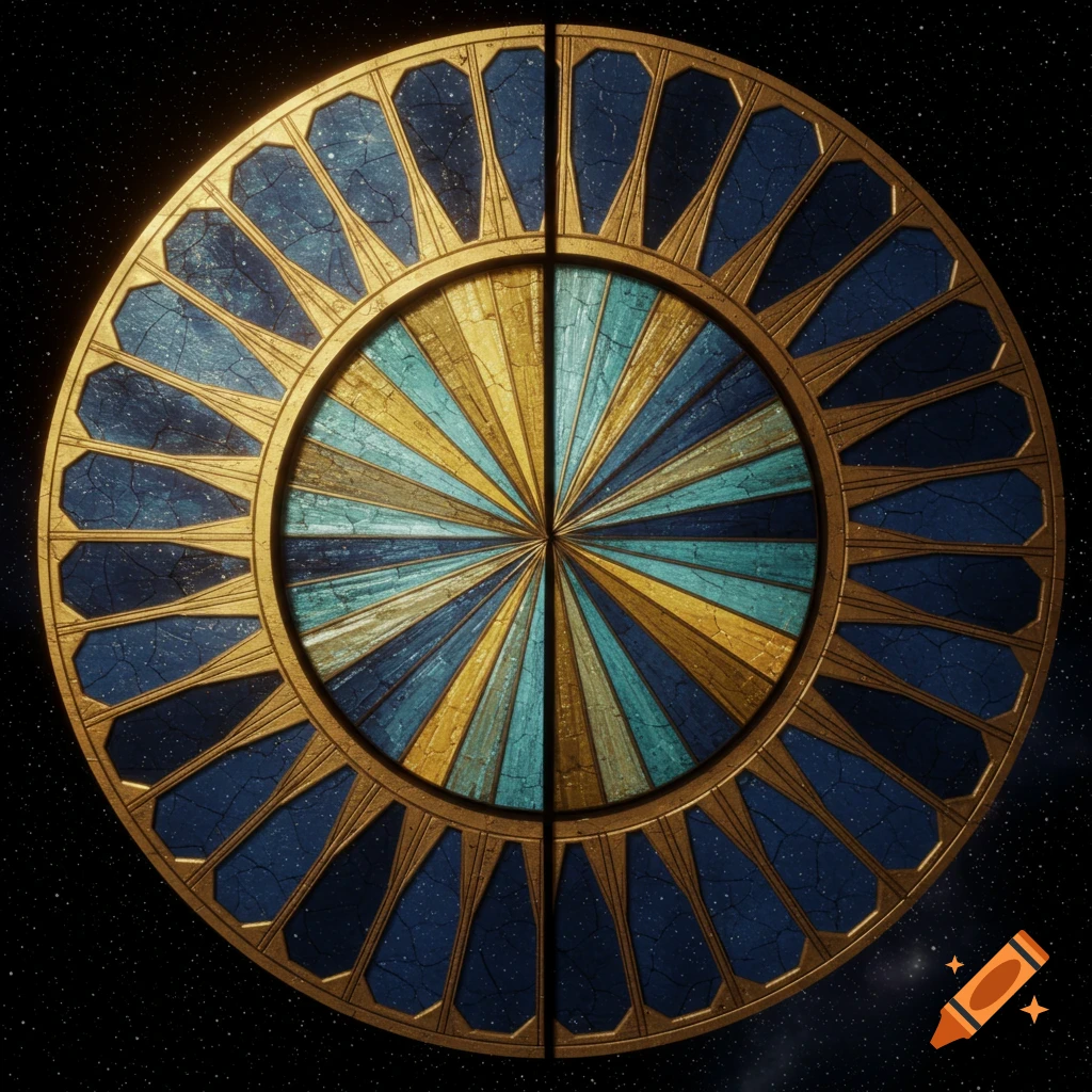 A stylized circular pattern in gold, blue, and teal, divided into geometric segments, set against a dark starry sky.