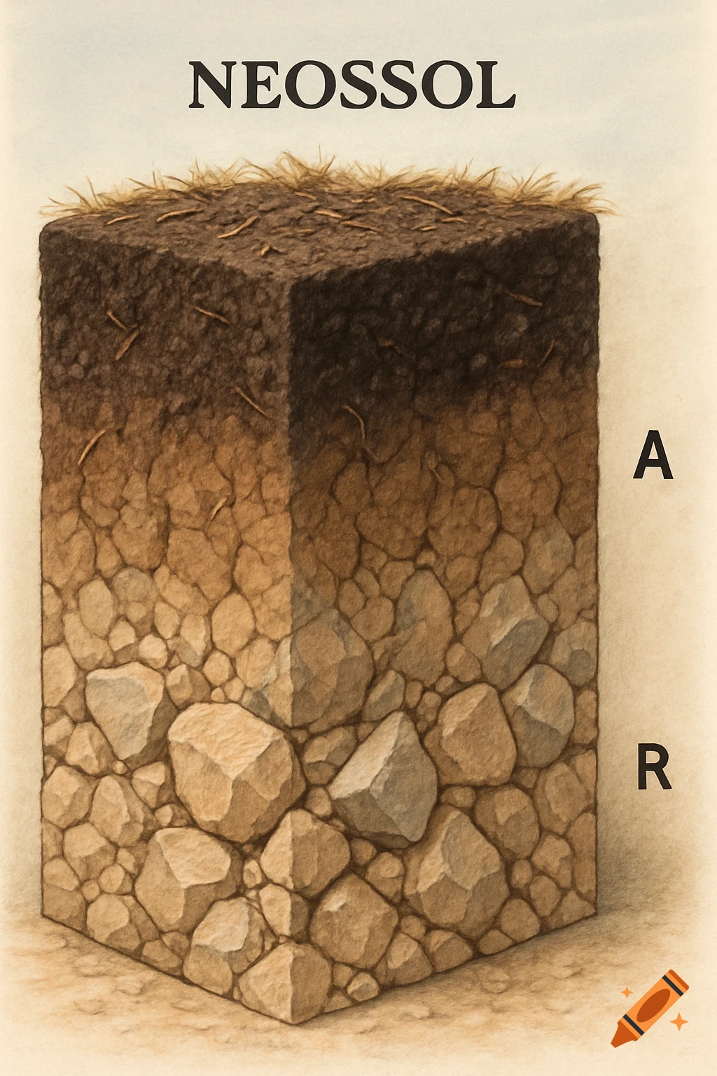 Detailed illustration of a Neosol soil profile, displaying layers from dark topsoil to rocky substratum, labeled A and R.