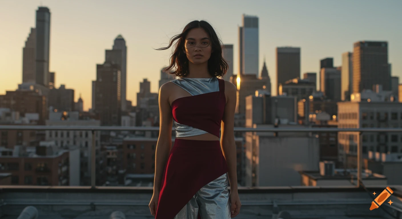 A woman wearing a modern red and silver asymmetrical outfit stands on a city rooftop at sunset.