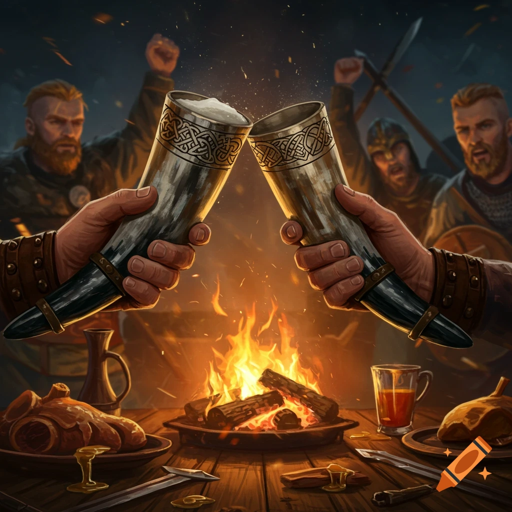 Two hands clink ornate Viking drinking horns filled with foamy ale over a roaring campfire, surrounded by boisterous Vikings feasting.