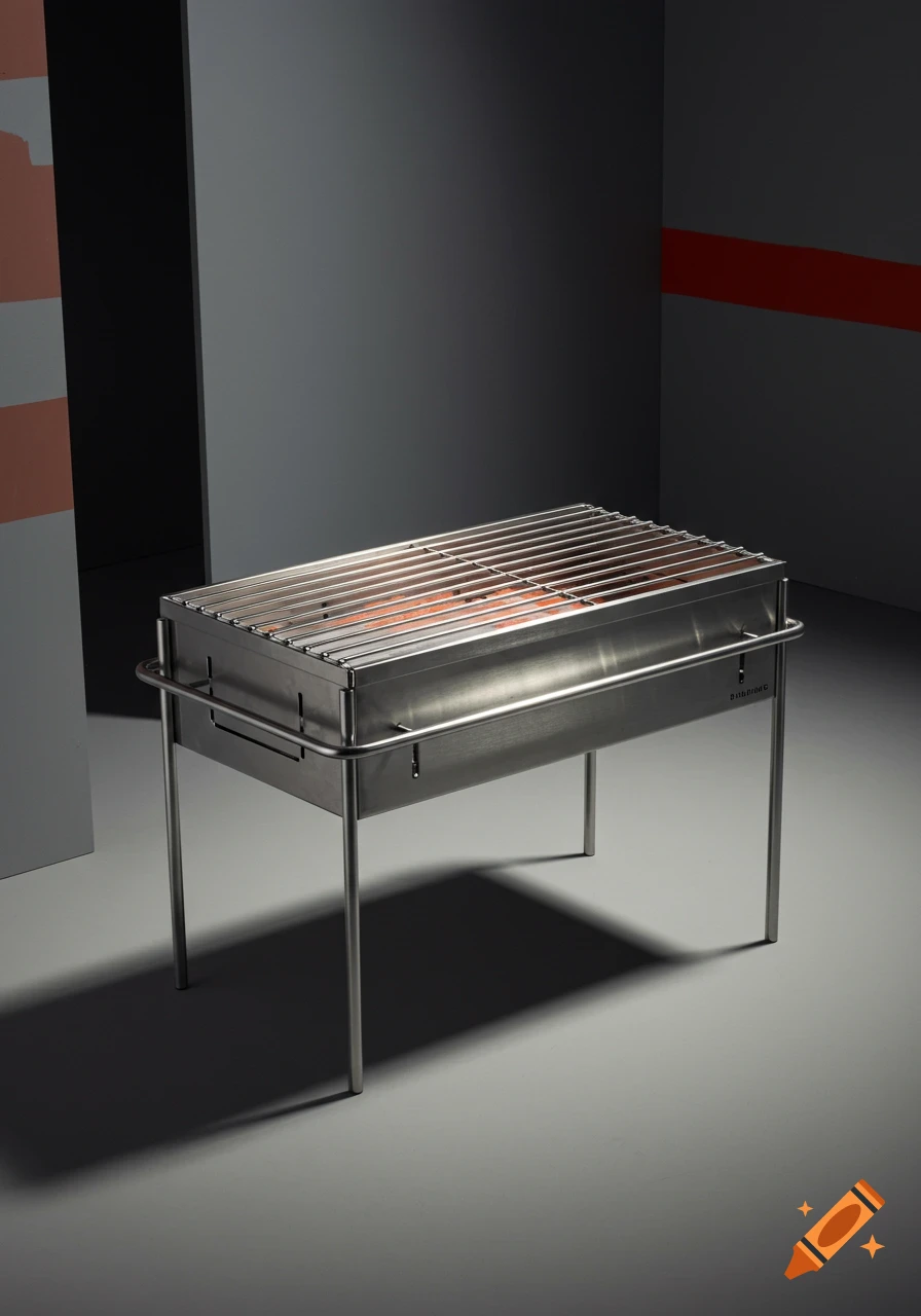 A sleek stainless steel portable barbecue grill with a minimalist design against a gray and white background, reflecting Bauhaus style.