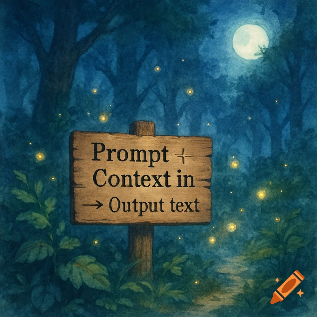 Mystical forest watercolor at night with fireflies and a moon, a sign reads 'Prompt + Context in -> Output text'.